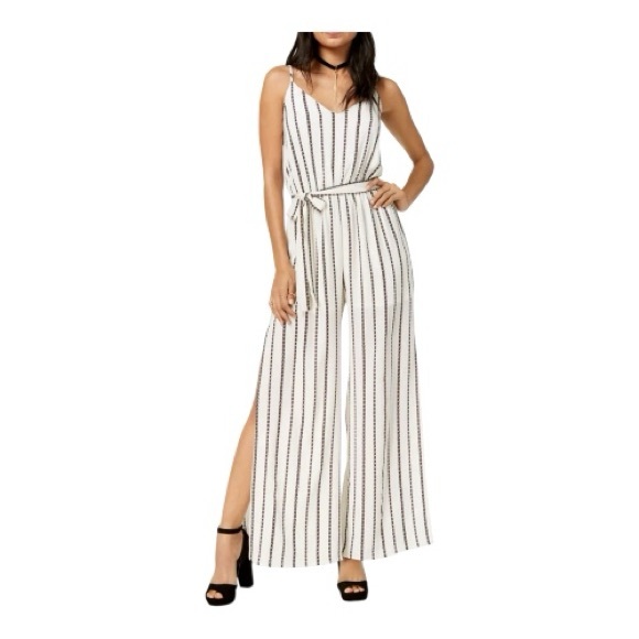 one clothing Pants - EUC One Clothing ivory & brown striped wide leg jumpsuit w/ belt | size large